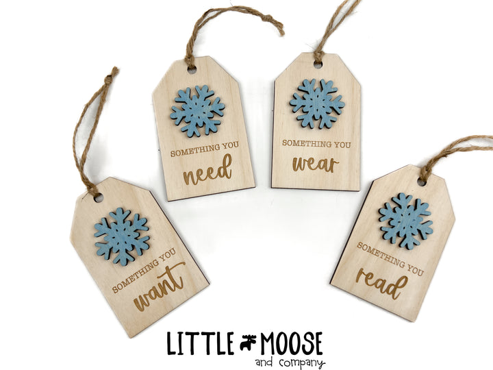 Tags - Want, Need, Wear, Read - snowflake and tree