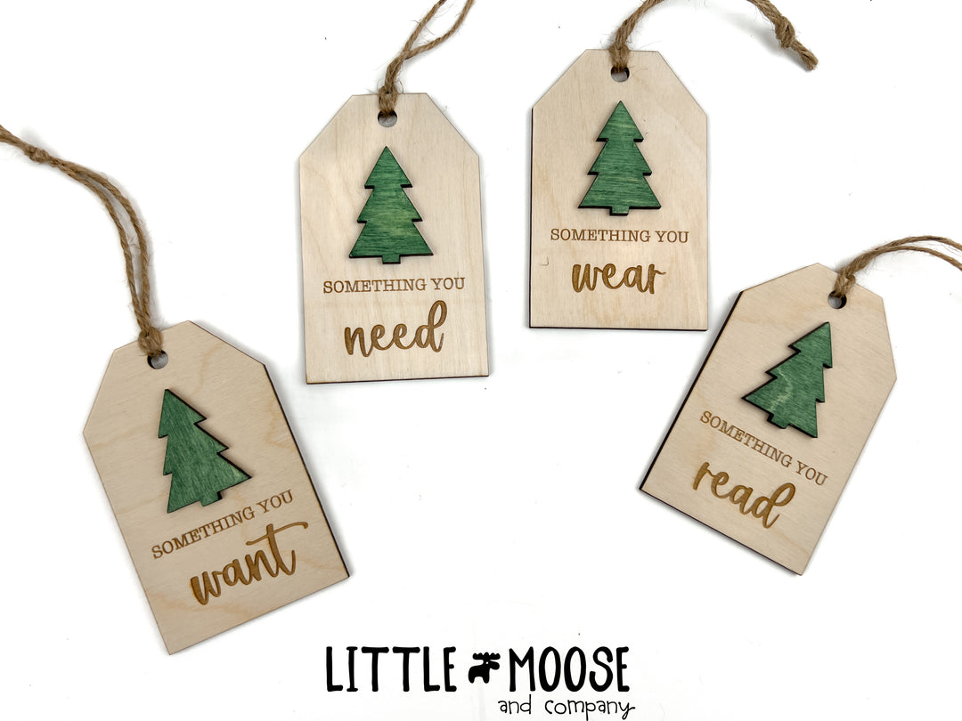 Tags - Want, Need, Wear, Read - snowflake and tree