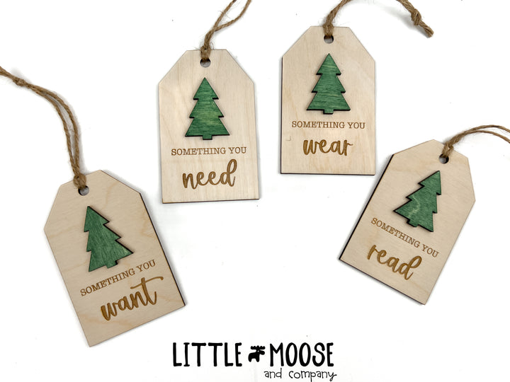 Tags - Want, Need, Wear, Read - snowflake and tree